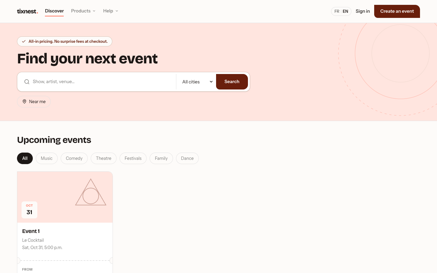Tixnest event discovery page