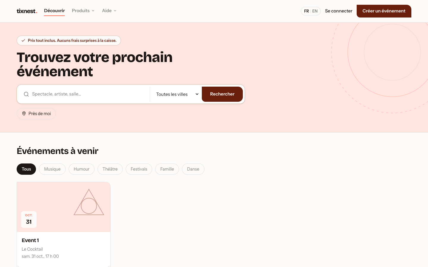 Page de découverte des événements de Tixnest