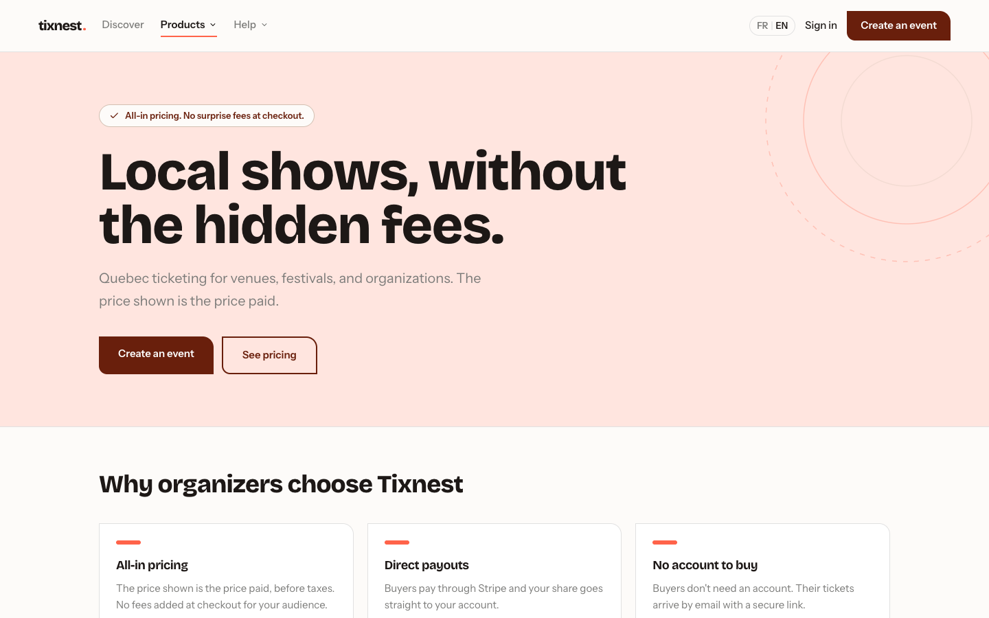 Tixnest organizer page on desktop